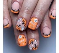 Viugex 24Pcs Halloween Press on Nails, Short Square False Nails Orange French Tip Fake Nail Set, Cute Pumpkin Ghost Design Glue on Nail, Acrylic Full Cover Stick on Nails for Women Girls DIY Manicure