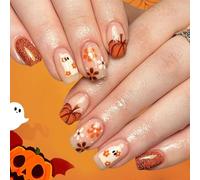 Viugex 24Pcs Halloween Press on Nails, Short Square False Nails Orange Glitter French Fake Nails with Cute Ghost Flower Pumpkin Designs, Glossy Acrylic Artificial Stick on Nail for Women Girls