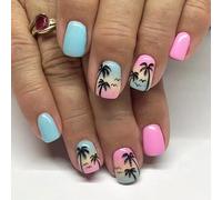 Viugex 24Pcs Hawaii Beach False Nails Short Square, Summer Ocean Coconut Tree French Press on Nails, Glossy Fake Nail Kit in 12 Sizes, Full Cover Acrylic Stick on Nails for Women DIY Nail Decorations