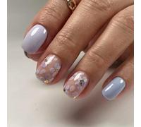 Viugex 24Pcs Light Blue Purple Press on Nails Short Square, French Tip False Nails with Flower Design, 12 Sizes Gel Fake Nails Glossy Reusable Glue on Nail, Acrylic Stick on Nail for Women Daily Wear