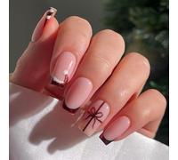 Viugex 24Pcs Nude Pink Christmas False Nails Short Square, French Tip Fake Nails Set, Acrylic Full Cover False Nails with Santa Hat Ribbon, Reusable Stick on Nail for Women Holiday Decoration