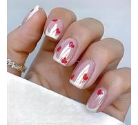 Viugex 24Pcs Nude Pink Press on Nails Short, French Tip False Nail with Red Love Design, Chrome Acrylic Glossy Full Cover Fake Nails, Reusable Stick on Nails for Women Girls Manicure Decoration