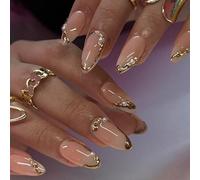 Viugex 24Pcs Nude Press on Nails Almond Medium, Gold Border French Tip False Nails, Glossy Acrylic Full Cover Fake Nails with Pearls and Rhinestones, Natural Removable Stick on Nail for Women Girls