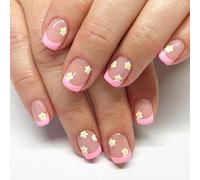 Viugex 24Pcs Pink French Tip False Nails, Short Square Press on Nails with Flower Design, Elegant Nude Fake Nail Set Acrylic Artificial Glue on Nail, Reusable Stick on Nails for Women Daily Wear