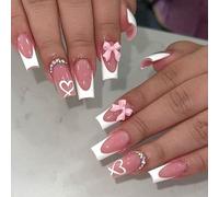 Viugex 24Pcs Pink Press on Nails Long Coffin, White French Tip False Nails with 3D Bow and Love Designs, Elegant Glossy Full Cover Fake Nail, Square Acrylic Stick on Nails for Women Girls Daily Wear