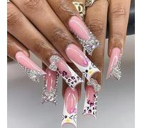 Viugex 24Pcs Pink White French Tip Press on Nails, Ballerina Extra Long Coffin False Nails with 3D Bow Rhinestone Design, Bling Glitter Artificial Fake Nail, Cute Cat Acrylic Stick on Nails for Women