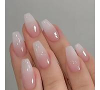 Viugex 24Pcs Press on Nails Medium Coffin, Ombre Pink French Tip False Nails, Glossy Acrylic Fake Nails Set, Natural Removable Reusable Full Cover Gel Stick on Nail for Women & Girls Manicure Art