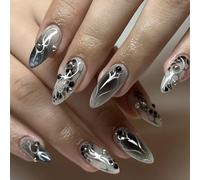 Viugex 24Pcs Press on Nails Medium Length Almond, French Tip False Nails, Gothic Black & Silver Fake Nails, Natural Reusable Acrylic Full Cover Artificial Stick on Nail for Women and Girls Daily Wear