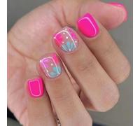 Viugex 24Pcs Press on Nails Short Square, Blue Pink Flower French Tip False Nails, Solid Color Gel Fake Nails Glossy Reusable Glue on Nail, Acrylic Full Cover Spring Summer Stick on Nail for Women