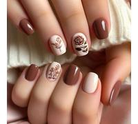 Viugex 24Pcs Press on Nails Short Square, Brown Rose French False Nails, Soft Gel Fake Nail Kit in 12 Sizes, Pure Color Glue on Nail, Reusable Acrylic Full Cover Stick on Nails Women Girls Daily Wear