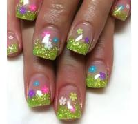 Viugex 24Pcs Press on Nails Short Square, Emerald Green Flowers French Tip False Nails, Soft Gel Fake Nail Kit in 12 Sizes, Glitter Acrylic Full Cover Stick on Nails Women Girls Nail Art Accessories