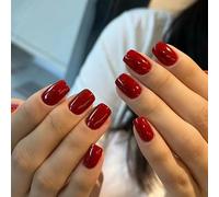 Viugex 24Pcs Press on Nails Short Square, French Bright Red False Nails, Elegant Solid Color Fake Nail, Reusable Acrylic Glossy Full Cover Soft Gel Stick on Nails for Women Girls Daily Decorations
