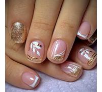 Viugex 24Pcs Press on Nails Short Square, Nude Pink French False Nails with White Leaves Design, Gold Glitter Acrylic Full Cover Artificial Fake Nail, Elegant Reusable Stick on Nail for Women Girls