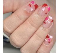 Viugex 24Pcs Press on Nails Short Square, Pink Glossy False Nails with Red Hearts Design, Valentine's Day Reusable Fake Nails with Glue Stickers, Natural Acrylic Full Cover Stick on Nail for Women