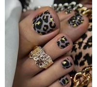 Viugex 24Pcs Press on Toenails Short Square, French False Toenails with Leopard Print Design, Cute Glossy Acrylic Fake Toe Nails, Spring Summer Seaside Gel Glue on Toe Nails for Women Girls Manicure