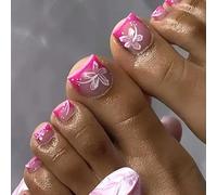 Viugex 24Pcs Press on Toenails Short Square, French Rose Red Flowers False Toenails, Cute Glossy Acrylic Fake Toe Nails, Spring Summer Seaside Gel Glue on Toe Nails for Women Girls Manicure Art