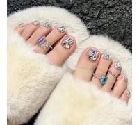 Viugex 24Pcs Press on Toenails Short Square, French Tip False Toe Nails, Sparkling Rhinestones Acrylic Full Cover Fake Toe Nails, Summer Seaside Reusable Stick on Toenails Manicure Kit for Women Girls