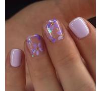 Viugex 24Pcs Purple Flowers Press on Nails Short Square, Floral Glossy French Tip False Nails, Glitter Gel Fake Nails Reusable Glue on Nail, Acrylic Full Cover Stick on Nail for Women Girls Daily Wear