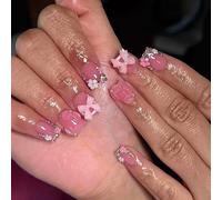 Viugex 24Pcs Short Press on Nails Square, French Tip False Nails with 3D Pink Bow & Flower, Glossy Shiny Rhinestone Acrylic Fake Nails, Natural Reusable Full Cover Glue on Nail for Women DIY Manicure
