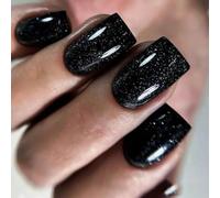 Viugex 24Pcs Short Square False Nails, French Tip Press on Nails, Black Starry Sky Glitter Acrylic Fake Nail, Elegant Glossy Full Cover Stick on Nail, Reusable Glue on Nails for Women DIY Manicure