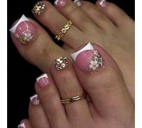 Viugex 24Pcs Short Square False Toe Nails, French Pink White Press on Toe Nails with 3D Flower Rhinestone Design, Glossy Artificial Fake Toenails, Summer Acrylic Full Cover Stick on Toenails for Women