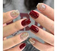 Viugex 24Pcs Short Square Press on Nails, Wine Red Glitter French False Nails, Natural Artificial Soft Gel Fake Nail, Autumn Winter Elegant Reusable Stick on Nail for Women and Girls DIY Manicure