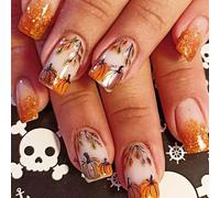 Viugex 24Pcs Thanksgiving Day False Nails Medium Square, French Tip Fake Nails Gold Glitter False Nails Pumpkin Maple Leaf Designs Acrylic Nail Autumn Winter Stick on Nail for Women Girls Manicure