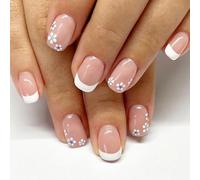 Viugex 24Pcs White French Tip False Nails, Short Square Press on Nails with Flower Design, Elegant Nude Pink Fake Nail Set Acrylic Artificial Glue on Nail, Reusable Stick on Nail for Women Daily Wear