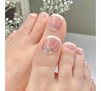Viugex 24Pcs White French Tip False Toe Nails, Short Square Press on Toe Nails with Rhinestones, Glossy Reusable Artificial Fake Toenails, Summer Acrylic Full Cover Stick on Toenails for Women Girls