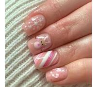 Viugex 24Pcs Xmas Press on Nails, French False Nails Short Square, Pink Elk Fake Nail with Snowflakes Candy Canes Design, Glitter Acrylic Glue on Nail, Reusable Full Cover Stick on Nails for Women