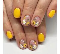 Viugex 24Pcs Yellow Sunflower Press on Nails Short Square, French Tip False Nails, Soft Gel Fake Nails Kit in 12 Sizes, Glossy Reusable Glue on Nail Acrylic Full Cover Stick on Nail for Women Girls