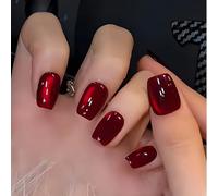 Viugex 30Pcs Cat Eye French Tips Press on Nails, Short Square False Nails, Dark Red Glossy Acrylic Full Cover Fake Nail, Elegant Glue on Nail, Natural Reusable Stick on Nails for Women Girls Manicure