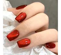 Viugex 30Pcs Glitter Cat Eye Press on Nails Short, Square French Tip False Nails, Soft Gel Fake Nails Kit, Red Glossy Full Cover Acrylic Nail, Removable Stick on Nail for Women Girls Daily Wear