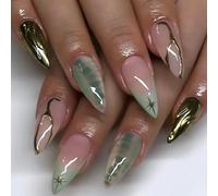 Viugex 30Pcs Light Green Press on Nails Almond Medium, French Stiletto False Nails with Star Line Design, Glossy Acrylic Full Cover Fake Nail Set, Natural Removable Stick on Nails for Women and Girls