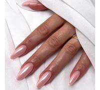 Viugex 30Pcs Press on Nails Medium Almond, Nude Pink Aurora False Nails, Glossy Solid Color Gel Fake Nails Set, Perfectly Fit, Sparkly Acrylic Stick on Nail Reusable for Women Daily Wedding Wear