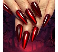 Viugex 30Pcs Red Press on Nails Almond, Cat Eye Glitter French Tip False Nails Medium Long, Glossy Solid Acrylic Fake Nail, Artificial Full Cover Stick on Nails for Women Girls Daily Halloween Wear