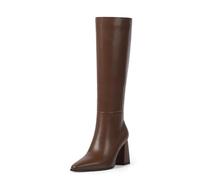 VIUGJNEX Knee High Boots for Women Chunky Heel Pointed Toe High Heel Side Zipper Long Boots, Brown, 7 UK