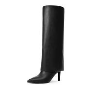 VIUGJNEX Knee High Boots Women Fold Over Boots Stiletto High Heel Tall Slouchy Boots Pointed Toe Zipper Dress Long Shark Boots, Black Pu, 8 UK