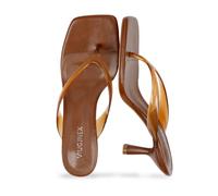 VIUGJNEX Women’s Kitten Heels Flip Flops Slip On Open Toe Low Heels Thong Square Slide Summer Fashion Party Heeled Dressy Sandals for Women, Pvc Brown, 3 UK