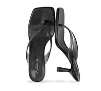 VIUGJNEX Women’s Kitten Heels Flip Flops Slip On Open Toe Low Heels Thong Square Slide Summer Fashion Party Heeled Dressy Sandals for Women, Pvc Black, 5 UK