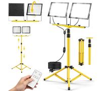 Viugreum 300w Led Tripod Work Light with Remote Control, Dimmable 6500K Security Flood Light 2 Adjustable Heads, Max High 185cm IP66 Portable Construction Floodlight with Stand/Plug/5m Cable Workshop