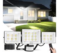 Viugreum Security Lights 100W 10000LM, Led Floodlight with PIR Motion Sensor & Remote Control, IP65 Waterproof 6500K Outdoor Sensor Light, 3 Heads Adjustable for Yard, Court, Street, Parking Lot
