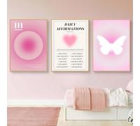 Viusneun Set of 3 Pink Colour Gradient Aura Number Wall Pictures, Aesthetic Pink Butterfly Inspirational Quotes Canvas Pictures for Dormitory Teen Girls Room Decoration, Without Frame (21 x 30 cm)