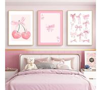 Viusneun Set of 3 Pink Poster Set, Aesthetic Pink Bow Tie, Cherry Wall Pictures, Canvas Picture Set for Dormitory, Teen Girls, Room Decoration, Without Frame (30 x 40 cm)