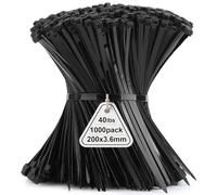Viuxule 1000 Pack Cable Ties, 200 x 3.6mm Zip Ties, Black 8 inch Nylon Industrial Tie Wraps Tensile Strength 40 lbs, Self-Locking Zip Ties with UV-Resistant for Gardening, Office, Workshop, Outdoor