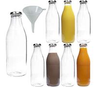 Viva Haushaltswaren # 62265# 8 Bottles Wide Neck 1 Litre Milk/Juice Bottles with Pouring Funnel 9 cm Diameter Glass Bottles with Screw, Transparent, 8.8 x 8.8 x 25.9 cm