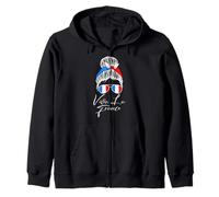 Viva La France Bastille Day Woman Messy Bun French Flag Zip Hoodie