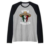 Viva Mexico Skull Sombrero Flag Mexican Pride Design Raglan Baseball Tee