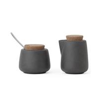 Viva Nicola Charcoal Sugar and Creamer Set, Porcelain Coffee and Tea Serving Set - Cream Pitcher and Sugar Bowl with Cork Lid and Metal Spoon, 7oz / 200ml Milk and Sugar for Coffee Bar