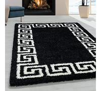 Viva Rugs Black and White Fluffy Rug Shaggy Geometric Border Pattern Large Small Soft Carpet for Bedroom Living Room (Black and White, 80x150cm (2'6"x5'0"))